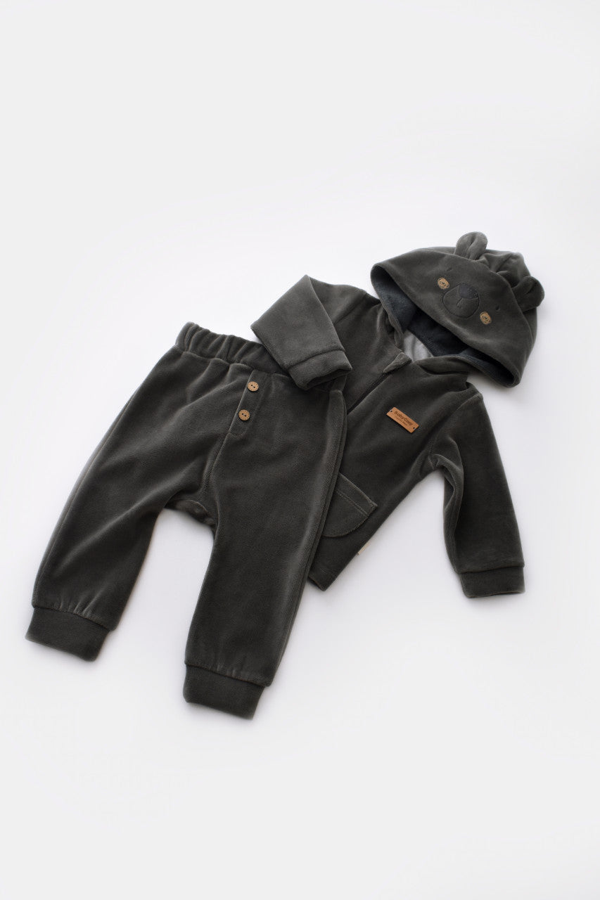 Set Ursulet cu bluzita cu fermoar si gluga si pantaloni lungi din 80%bumbac organic si 20% poliester - Antracit, BabyCosy