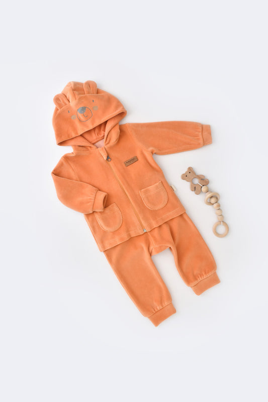 Set Ursulet cu bluzita cu fermoar si gluga si pantaloni lungi din 80%bumbac organic si 20% poliester - Portocaliu, BabyCosy